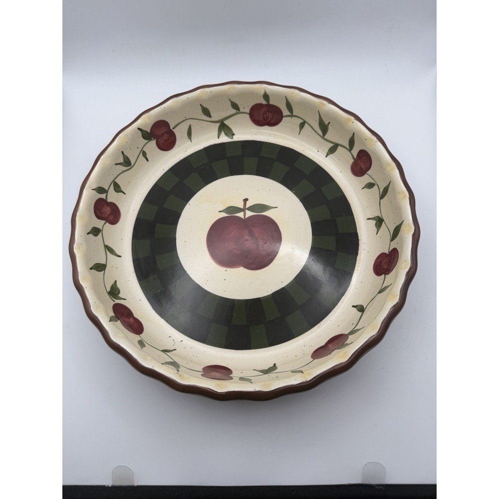 DAXIN Apple Pie Plate 10" Green Checkered Ceramic Stoneware Farmhouse Decor